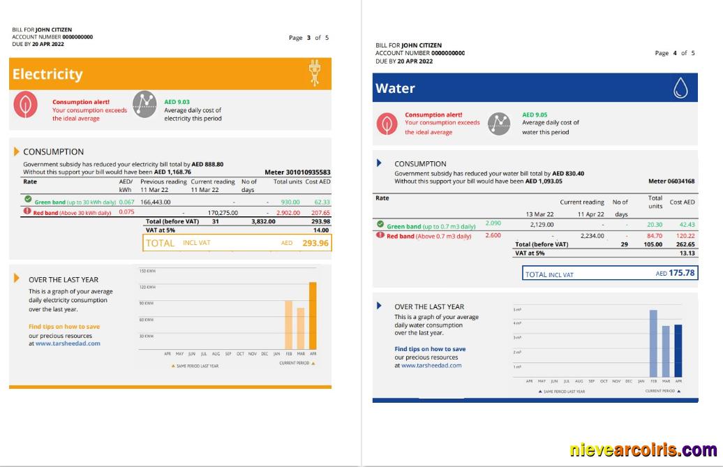 UAE Fujairah Al Ain Distribution Co utility bill 5 pages 3 4